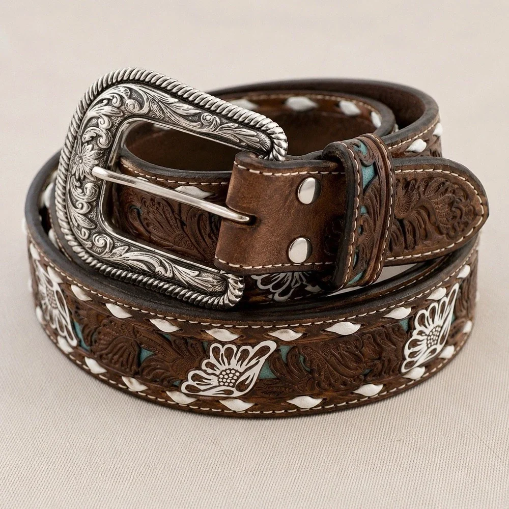 NWT Nocona XL Tooled Leather Western Belt Floral Turquoise Inlay 1.5